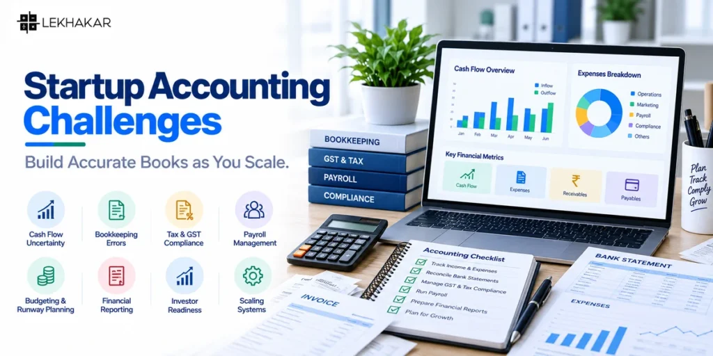 Startup accounting challenges involving cash flow, bookkeeping, tax compliance, and financial reporting