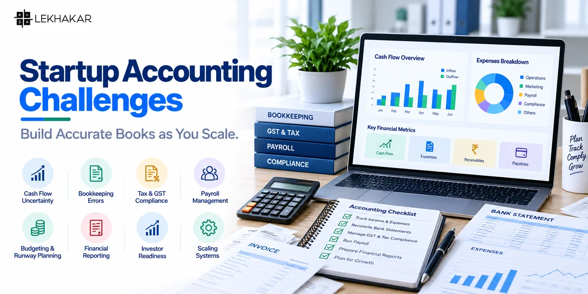 Startup accounting challenges involving cash flow, bookkeeping, tax compliance, and financial reporting